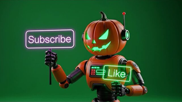 Animated Halloween Pumpkin Robot Holding Subscribe and Like Neon Signs Engaging Viewers for