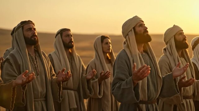 Group of ancient people with men and women looking up and praying in an arid biblical landscape during sunset, historic footage.