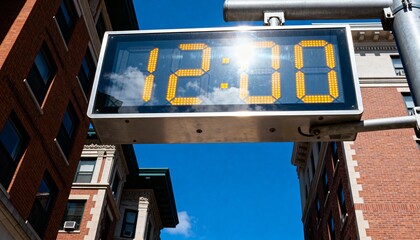 Digital clock showing noon in city street