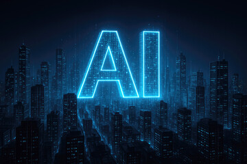 Glowing AI text superimposed over a futuristic city skyline at night