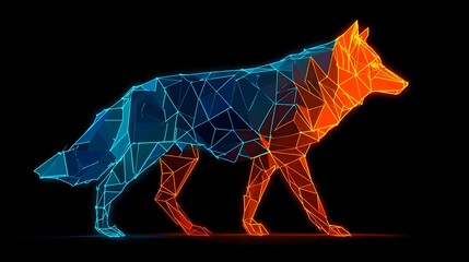 Fototapeta premium Cyber wolf logo in low-poly geometric style with glowing orange. Concept: intelligence, speed, agility, and advanced technology, AI startups, tech companies, gaming brands, digital creative agencies.