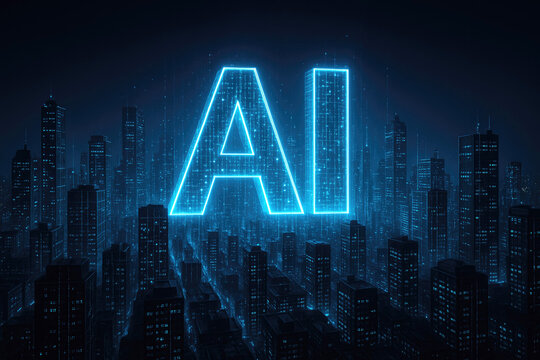 Glowing AI text superimposed over a futuristic city skyline at night