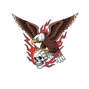 Powerful American bald eagle illustration on skull with flames and lightning a symbol of freedom strength and rebellion