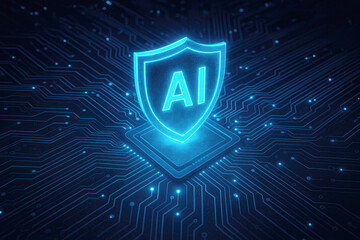 Glowing blue AI shield symbol over a futuristic circuit board artificial intelligence protection