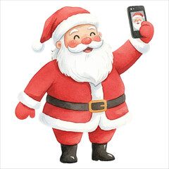 Santa Taking Selfie with Smartphone, Watercolor Christmas Illustration, White Background
