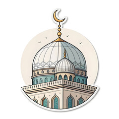 Mosque dome with crescent in sticker style, symbolizing Islamic faith, tradition, and worship, isolated