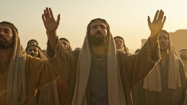 A crowd of men worshiping and praying with raised hands in ancient clothes during sunset, religious meeting footage.