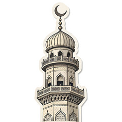 Mosque minaret with crescent on top in sticker style, symbolizing Islamic architecture, faith, and spirituality