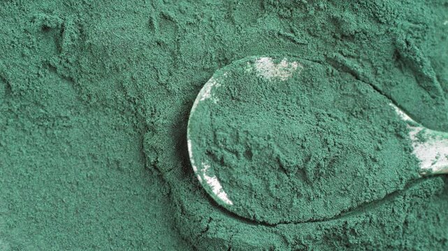 Green chlorella algae powder on a wooden spoon, top view. Healthy nutritional supplement.