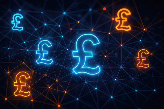 Glowing British Pound Sterling symbols connected in a digital network with blue and orange lights currency