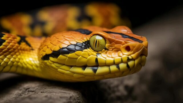 Closeup of a vibrant orange pit viper snake with yellow eyes and black markings, resting on a rock