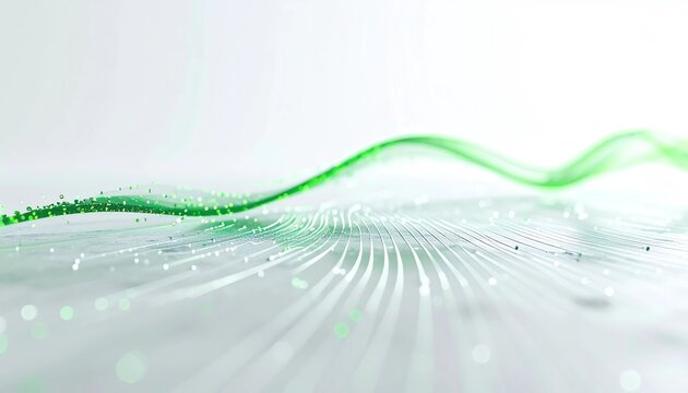 Abstract depiction of data transmission and technology. Thin, glowing white lines converge toward a wavy, vibrant green data stream