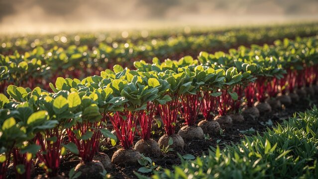 Rows of young beetroots plants on a field in spring sunny morning r