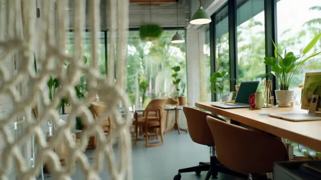 Close-up of a knotted macrame rope screen in the foreground, with a modern office and plants in the blurred background.