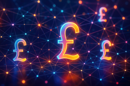 Glowing British Pound symbols floating in a digital network grid with colorful lights sterling currency