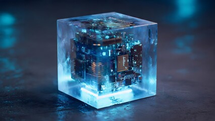 Technological Enclosure: A futuristic digital creation, showcasing a microchip and electronic component, encased in a transparent, glowing cube.