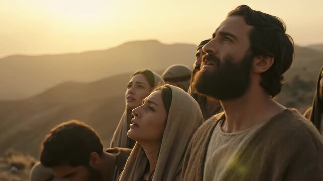 Group of early Christians pray with men, woman, and children looking up in biblical times footage.