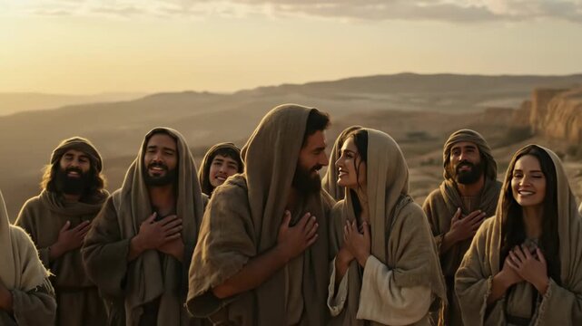 Group of early Christians praying with raised hands and looking at up during sunset on a hill. Biblical times, disciples worship, faith concept for religious footage.