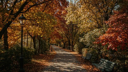 Beautiful romantic alley in a park with colorful trees, autumn season