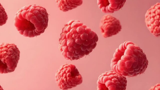 Close-up of red raspberries floating in a pink background.