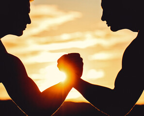 Rivalry, vs, challenge, strength comparison. Two men arm wrestling. Arms wrestling, competition. Rivalry concept - close up of male arm wrestling. Leadership concept