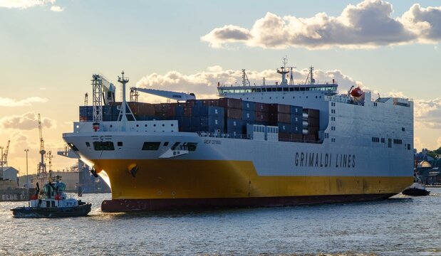 HAMBURG, GERMANY - 23. September 2025:  The roro vessel  GREAT COTONOU  Grimaldi Lines in the port of Hamburg