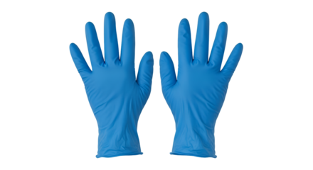 Pair of blue disposable medical gloves isolated on transparent background