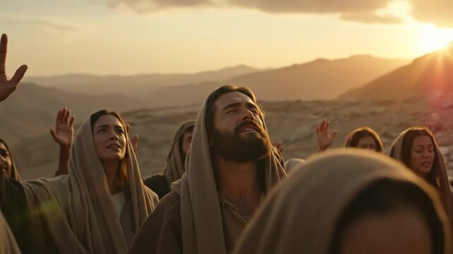 Men and women look up with hands raised in prayer, disciples gaze at the sky during sunset biblical times, worship footage