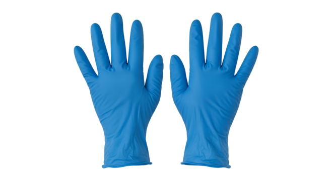 Pair of blue disposable medical gloves isolated on transparent background