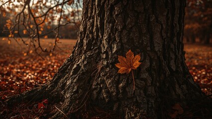 Obraz premium Fallen leaf on a tree during autumn time