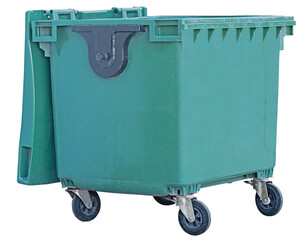 green garbage container on white