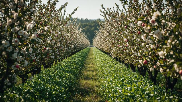 Flowering trees with sweet apples in full bloom. Agriculture.
