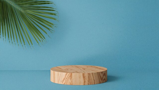 Natural empty wooden cylinder box with tropical palm greenery against a backdrop of a blue concrete floor for use in product presentation. Lie down. bottom up