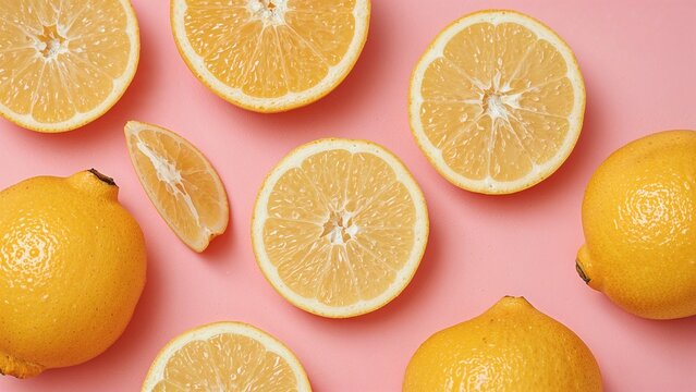 Pieces of ripe pomelo on pink background, top view