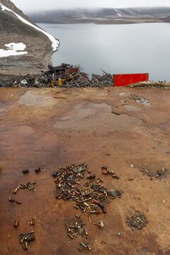 Rusted bullet casings, leaking rusty batteries and scrap metal, arctic settlement Ittoqqortoormiit, Scoresbysund or Scoresby Sund or Greenlandic Kangertittivaq, East Greenland, Greenland
