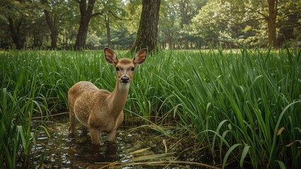 A young water buck in tall grass water, nature, tree, grass, forest, beauty, portrait, cute, photography, deer