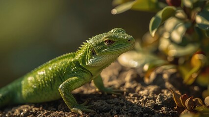 Fototapeta premium Lizard basking in the warm sun background, texture, isolated, nature, sun, animal, beauty, green, color, cute