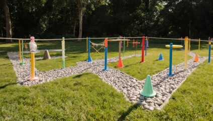 Colorful obstacle course in a grassy park