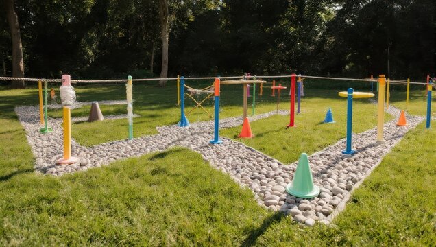 Colorful obstacle course in a grassy park