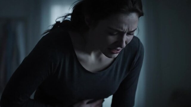 Woman clutches stomach in evident pain