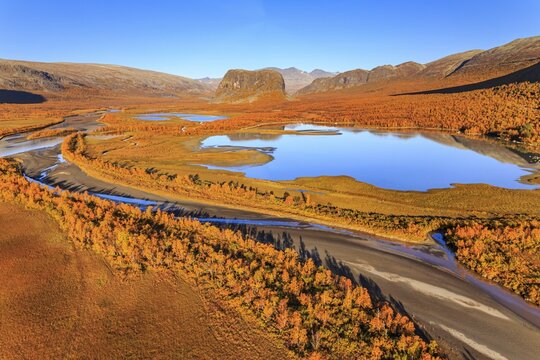 Lake, river, river delta, autumn colours, autumn, mountains, sunny, aerial view, Rapadalen, view of Nammatj and Sarek National Park, Laponia, Lapland, Sweden