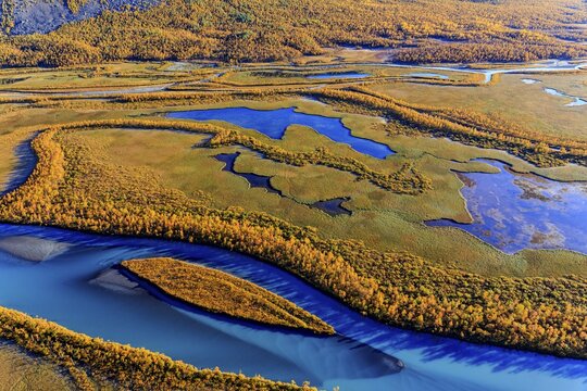 Lake, river, river delta, autumn colours, autumn, mountains, sunny, aerial view, Rapadalen, Laponia, Lapland, Sweden
