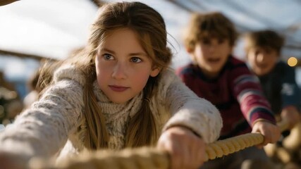 Kids constructing a holiday-themed obstacle course indoors or in the backyard with festive challenges, emotion of excitement and teamwork visible, representing playful winter exercise and creative - Powered by Adobe