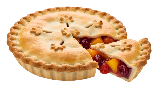 Freshly baked fruit pie with a golden crust and lattice top isolated on transparent background