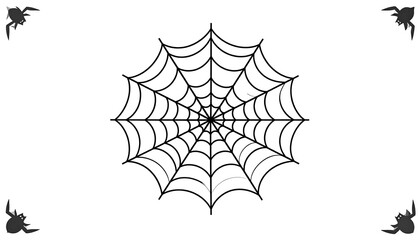 A stark white background featuring a centrally placed, intricate spiderweb design. Small spider silhouettes decorate the corners