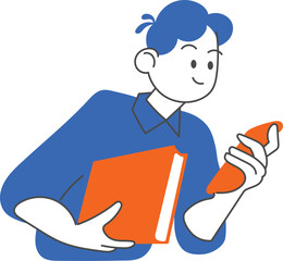 office character cartoon reading message on phone and book