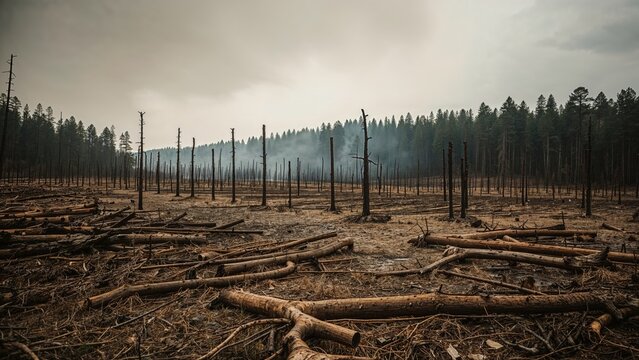 Logging pine trees in forest. Clear cutting. Harsh reminder of illegal logging.