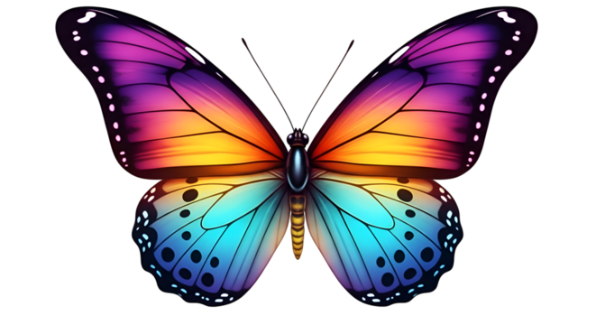 Colorful butterfly with vibrant gradient wings isolated on transparent background - Powered by Adobe