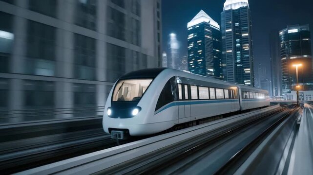 Night scene of maglev train weaving through illuminated skyscrapers, emotion of awe and futuristic efficiency visible, representing smart urban infrastructure, fast eco-friendly transit, and