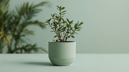 Obraz premium Minimalist flower pot in natural green tones with a plant inside.